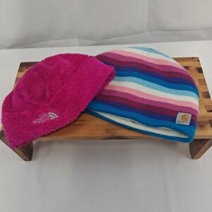 The North Face Carhartt Kids Beanies Bundle Pink Fuzzy Stripe Winter Hats